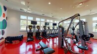 This fitness center is a comprehensively outfitted single-floor space designed to support a full range of exercise modalities. The room is immediately distinguished by its bold, glossy red flooring, which adds striking visual energy and contrasts sharply with the clean white walls and ceiling. A row of large windows along the perimeter floods the interior with natural light and offers views of the surrounding outdoor landscape, enhancing the overall atmosphere.

Cardio equipment is prominently featured, with multiple treadmills and elliptical trainers, each equipped with individual flat-screen monitors. A dedicated strength training area includes a cable machine, a multi-function weight station, and a dumbbell rack organized along a mirrored wall section, which visually expands the space and aids in form correction during workouts.

A functional training zone houses stability balls, medicine balls, resistance bands, foam rollers, and a standing trainer, providing versatile options for balance and mobility work. A large, colorful abstract mural adorns one wall, serving as an artistic focal point that adds personality to the space.

Ceiling fans and recessed lighting ensure the room remains comfortable and well-illuminated throughout. The layout is organized and spacious, allowing for easy movement between equipment zones.