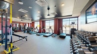 Located at 120 Matheson Ave in Charlotte, NC, this fitness center offers a spacious, single-floor exercise room designed to accommodate a comprehensive range of workout routines. The interior is defined by bold deep-red accent walls contrasted against a dark, textured ceiling with recessed and pendant lighting, creating an energizing yet focused atmosphere.

Large floor-to-ceiling windows line one side of the room, flooding the space with natural light and providing open views of the surrounding area. The flooring consists of durable, neutral-toned carpet suited for high-traffic athletic use.

The cardio zone features a row of TRUE-brand treadmills and elliptical machines, all equipped with individual digital displays. Strength training is well-represented with a full dumbbell rack spanning a range of weights, displayed beneath a wall-mounted flat-screen television. A multi-functional power rack supports TRX suspension systems, medicine balls, and battle ropes, offering versatile functional training options. Additional cable and weight machines round out the strength equipment selection.

Full-length mirrors are strategically placed to enhance the sense of space and support proper form during workouts. The layout is open and thoughtfully organized, ensuring ample room to move between stations. Overall, this fitness center is a fully equipped, modern facility built to support diverse training needs.