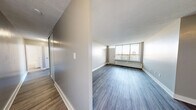 Located at 40 Tuxedo Crt in Toronto's Scarborough neighbourhood, this 2-bedroom, 1-bathroom unit offers a practical and comfortable layout across a single floor. Modern grey laminate flooring runs consistently throughout, complemented by neutral-toned walls and textured ceilings that lend a clean, cohesive aesthetic.

The living room is generously sized, featuring large floor-to-ceiling windows that flood the space with natural light and provide open city views. A baseboard heating unit ensures year-round comfort. The kitchen is efficiently designed with white cabinetry, dark countertops, a full-size refrigerator, and a window overlooking the cityscape — making it both functional and bright.

Both bedrooms are well-proportioned, each benefiting from large windows with outdoor views and baseboard heating. The primary bedroom offers ample space for furnishings, while the second bedroom includes a built-in closet with sliding doors for convenient storage. An additional dedicated closet provides further storage options.

The bathroom features a clean, all-white design with a full soaker tub and shower combination, tiled surround, and a small window for ventilation. A welcoming hallway connects all rooms, completing this thoughtfully organized and move-in-ready home.