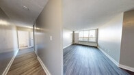 Located at 40 Tuxedo Crt in Toronto's Scarborough neighbourhood, this 2-bedroom, 1-bathroom unit offers a practical and comfortable layout across a single floor. Modern grey laminate flooring runs consistently throughout, complemented by neutral-toned walls and textured ceilings that lend a clean, cohesive aesthetic.

The living room is generously sized, featuring large floor-to-ceiling windows that flood the space with natural light and provide open city views. A baseboard heating unit ensures year-round comfort. The kitchen is efficiently designed with white cabinetry, dark countertops, a full-size refrigerator, and a window overlooking the cityscape — making it both functional and bright.

Both bedrooms are well-proportioned, each benefiting from large windows with outdoor views and baseboard heating. The primary bedroom offers ample space for furnishings, while the second bedroom includes a built-in closet with sliding doors for convenient storage. An additional dedicated closet provides further storage options.

The bathroom features a clean, all-white design with a full soaker tub and shower combination, tiled surround, and a small window for ventilation. A welcoming hallway connects all rooms, completing this thoughtfully organized and move-in-ready home.