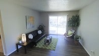 This single-story living space offers a well-organized and inviting layout centered around a comfortable living area. The room features dark hardwood-style flooring that contrasts cleanly with the neutral grey walls, creating a balanced and modern aesthetic throughout. A textured popcorn ceiling adds a classic architectural detail overhead.

The focal point of the living area is a large sliding glass door fitted with vertical blinds, which allows an abundance of natural light to fill the space while providing direct access to an outdoor area. Views of surrounding greenery are visible through the glass, enhancing the room's connection to the outdoors.

The living area comfortably accommodates a dark leather sofa adorned with accent pillows, a patterned ottoman doubling as a coffee table, and an additional lounge chair, all arranged atop a vibrant green geometric area rug that anchors the seating arrangement. Multiple potted indoor plants are positioned throughout, contributing a fresh, natural element to the interior. A colorful abstract artwork on the wall adds a creative focal point, while a side table with a decorative lamp provides ambient lighting. Overall, the space feels bright, functional, and thoughtfully arranged.