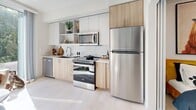 This 370 square foot apartment in Seattle maximizes space with a thoughtful layout and contemporary design. The single-floor unit comprises one bedroom, one bathroom, and an open-concept kitchen and living area.

The kitchen showcases a modern aesthetic with a combination of white and wood-tone cabinetry, complemented by stainless steel appliances. A subway tile backsplash adds a classic touch, while open shelving provides both storage and display space. The kitchen is equipped with a full-size refrigerator, built-in microwave, and a sleek electric cooktop.

The living area, seamlessly connected to the kitchen, features large windows that flood the space with natural light. A modern, round coffee table serves as a focal point, accompanied by a comfortable tan sofa. The room's design allows for flexible furniture arrangement to suit various needs.

The bedroom, measuring 90 square feet, is efficiently designed with a plush bed as its centerpiece. A playful dog portrait adds character to the space, while a oval mirror and built-in storage optimize the room's functionality.

The bathroom continues the apartment's modern theme with a floating vanity, large mirror, and crisp white finishes. Throughout the apartment, light-colored flooring and walls create an airy atmosphere, making the compact space feel larger and brighter.
