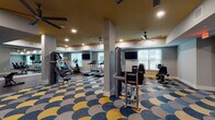 Located at 3640 Mapleshade Ln in Plano, Texas, this fitness center is a thoughtfully designed, single-floor facility offering a comprehensive workout environment. The space immediately stands out with its bold, eye-catching carpet featuring a scalloped pattern in shades of navy blue, gold, and gray, adding a vibrant and energetic character to the room.

The main workout area is generously sized, accommodating a wide range of cardio and strength training equipment. Treadmills, ellipticals, rowing machines, and stationary bikes are arranged to provide ample space for comfortable use, while cable machines, a weight bench, and a dumbbell rack cater to strength training needs. Wall-mounted flat-screen TVs are positioned throughout the room, allowing members to stay entertained during workouts.

Large mirrors line portions of the walls, visually expanding the space and allowing users to monitor their form. Multiple ceiling fans suspended from the richly painted gold ceiling provide air circulation and add a stylish architectural accent. Recessed lighting ensures the space is well-lit throughout.

Natural light filters in through several windows fitted with blinds, contributing to an open and inviting atmosphere. A dedicated stretching and free-weight area with wood-look flooring offers a distinct zone separate from the main cardio floor. The facility is accessed through a glass-panel door, completing this well-appointed and functional fitness center.