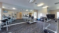 This fitness center is a comprehensively outfitted single-floor facility designed to support a wide range of workout routines. The space is divided into distinct functional zones, seamlessly connected by a bold, patterned carpet that runs throughout. The cardio area is well-stocked with multiple treadmills, an elliptical trainer, and a stationary bike, providing ample options for aerobic exercise. Large floor-to-ceiling mirrors line one wall, visually expanding the space and allowing users to monitor their form during workouts. Overhead, flush-mounted oval light fixtures provide consistent, bright illumination throughout the room.

The strength training area features a multi-station cable machine, a rowing machine, and a dedicated free weights section with a tiered dumbbell rack and stability balls. A wall-mounted flat-screen television is positioned for easy viewing during workouts. Natural light filters in through several windows, including a charming circular porthole-style window, offering views of the surrounding greenery. The walls are painted in a combination of neutral grey and warm amber tones, giving the space an energetic yet welcoming atmosphere. A separate adjoining room is accessible via a doorway, and an emergency exit provides additional access points to the facility.