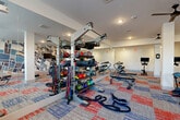 This fitness center offers a comprehensive and thoughtfully designed workout environment spread across a single open floor. The space is defined by its eye-catching geometric, map-inspired accent wall rendered in a palette of blues, grays, and earth tones, giving the room a modern and energetic aesthetic. Complementing this is a colorful patchwork carpet in red, blue, and gray, adding visual dynamism underfoot.

The cardio zone is well-appointed with treadmills, elliptical trainers, a rowing machine, and stationary spin bikes, several of which are equipped with personal monitors for interactive workouts. A wall-mounted flat-screen TV provides additional entertainment options. Strength training is equally prioritized, with a multi-station cable machine, adjustable weight benches, a full rack of kettlebells and medicine balls, resistance bands, and a functional training rig offering diverse exercise possibilities. A dedicated dumbbell rack rounds out the free weights section.

Large floor-to-ceiling mirrors line one wall, enhancing the sense of openness and allowing users to monitor their form. Natural light filters in through a series of small windows, while recessed ceiling lighting and multiple ceiling fans ensure the space remains bright, comfortable, and well-ventilated throughout any workout. Structural columns are integrated seamlessly into the layout without impeding the flow of the space.