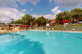 Located at 3308 Lockheed Blvd in Alexandria, Virginia, this outdoor community pool facility offers a well-maintained and inviting recreational space designed for relaxation and leisure. The centerpiece is a large rectangular swimming pool filled with clear, blue water, providing ample room for both lap swimming and casual enjoyment. Depth markings are clearly indicated along the pool's edge, and a lifeguard station ensures safety for all users.

Surrounding the pool is a generous concrete sun deck furnished with multiple lounge chairs, offering plenty of space for sunbathing and unwinding. Colorful umbrella-shaded seating areas—featuring red and blue umbrellas—are distributed around the deck, providing comfortable spots to relax out of direct sun. Potted flowering plants add a touch of color and charm to the poolside environment.

A brick support building on the premises provides additional amenities for pool visitors. The facility is fully enclosed by a chain-link fence, ensuring a secure environment. Beyond the fence, a well-kept grassy lawn and a backdrop of mature, leafy trees create a pleasant, park-like atmosphere. The natural greenery and open sky contribute to an overall ambiance that is both refreshing and serene, making this pool area a welcoming community gathering space.