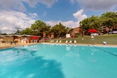 Located at 3308 Lockheed Blvd in Alexandria, Virginia, this outdoor community pool facility offers a well-maintained and inviting recreational space designed for relaxation and leisure. The centerpiece is a large rectangular swimming pool filled with clear, blue water, providing ample room for both lap swimming and casual enjoyment. Depth markings are clearly indicated along the pool's edge, and a lifeguard station ensures safety for all users.

Surrounding the pool is a generous concrete sun deck furnished with multiple lounge chairs, offering plenty of space for sunbathing and unwinding. Colorful umbrella-shaded seating areas—featuring red and blue umbrellas—are distributed around the deck, providing comfortable spots to relax out of direct sun. Potted flowering plants add a touch of color and charm to the poolside environment.

A brick support building on the premises provides additional amenities for pool visitors. The facility is fully enclosed by a chain-link fence, ensuring a secure environment. Beyond the fence, a well-kept grassy lawn and a backdrop of mature, leafy trees create a pleasant, park-like atmosphere. The natural greenery and open sky contribute to an overall ambiance that is both refreshing and serene, making this pool area a welcoming community gathering space.