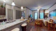 This single-story residence is thoughtfully designed with a cohesive, contemporary aesthetic carried throughout each space. The open-concept layout connects the kitchen and living area seamlessly, creating a functional and inviting atmosphere. The kitchen is equipped with stainless steel appliances, rich dark cabinetry, granite countertops, and a peninsula with bar seating illuminated by pendant lighting. Louvered doors provide access to a pantry and additional storage. Wood-style flooring extends through the main living areas, complementing the neutral gray color palette and crown molding that frames each room.

The living area features a ceiling fan with light fixture, natural light from multiple windows with blinds and drape panels, and ample space for comfortable seating arrangements. A bedroom visible from the living area offers carpeted flooring, a ceiling fan, a walk-in closet, and direct access to a well-appointed bathroom. Each bathroom includes a dark espresso vanity, a marble-style countertop, a large framed mirror, and modern light fixtures. A second bathroom mirrors this refined style. Overall, the residence presents a polished, cohesive design with quality finishes and functional details throughout.