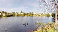 This single-story property is defined by its notable outdoor setting, featuring direct views of a tranquil lake complete with a central decorative fountain. The waterfront perspective reveals a expansive body of water bordered by mature Florida native trees, including palms and pines, creating a natural, verdant backdrop. Aquatic vegetation along the water's edge adds to the organic character of the surroundings, while the multi-story building visible across the lake provides context for the broader community setting. The landscape reflects a classic Florida environment, with open skies and lush greenery contributing to a calm, scenic atmosphere. Unfortunately, the interior images provided are too poorly lit to document specific details about the indoor spaces, rooms, or architectural features. What is clearly established is the property's single-floor layout and its positioning within a community that prioritizes natural water views as a central amenity. The lakeside setting with its fountain feature serves as a defining characteristic of this property's overall ambiance and appeal.