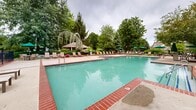 Located on Golden Harvest Drive in Breinigsville, Pennsylvania, this single-level outdoor amenity area is a well-appointed recreational space designed for relaxation and leisure. At its centerpiece is a generously sized swimming pool with clear turquoise water, framed by classic brick-edged coping that adds a traditional aesthetic to the setting. Adjacent to the main pool is a separate hot tub, providing a dedicated space for relaxation. The expansive concrete pool deck is outfitted with numerous lounge chairs arranged along multiple sides of the pool, offering ample space for sunbathing and outdoor lounging. Shaded seating areas with green market umbrellas and patio furniture are scattered throughout, providing relief from direct sun. The perimeter of the space is enclosed by a black wrought iron fence, ensuring safety while maintaining an open, airy feel. The surrounding landscape is richly planted with mature deciduous trees, tall arborvitae hedges, weeping evergreens, flowering shrubs, and carefully maintained mulched garden beds. A notable weeping tree near the pool deck serves as a natural focal point, adding to the serene, park-like ambiance. The overall environment is lush, well-maintained, and designed to provide a private, resort-style outdoor experience.