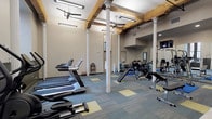 This fitness center occupies a generously sized, single-floor space distinguished by its striking architectural character. Exposed wooden beams span the ceiling overhead, complementing the decorative white columns that rise throughout the main exercise area, lending the space a historic charm blended with modern functionality. The ceiling height is notably elevated, contributing to an open, airy atmosphere throughout.

Large, multi-pane windows line the walls, allowing ample natural light to fill the room and providing views of the surrounding exterior. The flooring features a patterned carpet tile design in shades of blue and gold, adding visual interest underfoot while providing cushioning during workouts.

The main floor is well-equipped with multiple treadmills, elliptical machines, and stationary bikes arranged for efficient use of the space. A dedicated strength training zone includes cable machines, weight benches, and resistance equipment, while a separate functional training alcove houses TRX suspension straps, a dumbbell rack, medicine balls, and a stability ball. A wall of mirrors expands the visual depth of the strength area. Ceiling fans and fluorescent strip lighting ensure comfort and visibility throughout. Snack and cold drink vending machines are conveniently located near the entrance. A water fountain is also accessible within the space.