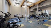 This fitness center occupies a generously sized, single-floor space distinguished by its striking architectural character. Exposed wooden beams span the ceiling overhead, complementing the decorative white columns that rise throughout the main exercise area, lending the space a historic charm blended with modern functionality. The ceiling height is notably elevated, contributing to an open, airy atmosphere throughout.

Large, multi-pane windows line the walls, allowing ample natural light to fill the room and providing views of the surrounding exterior. The flooring features a patterned carpet tile design in shades of blue and gold, adding visual interest underfoot while providing cushioning during workouts.

The main floor is well-equipped with multiple treadmills, elliptical machines, and stationary bikes arranged for efficient use of the space. A dedicated strength training zone includes cable machines, weight benches, and resistance equipment, while a separate functional training alcove houses TRX suspension straps, a dumbbell rack, medicine balls, and a stability ball. A wall of mirrors expands the visual depth of the strength area. Ceiling fans and fluorescent strip lighting ensure comfort and visibility throughout. Snack and cold drink vending machines are conveniently located near the entrance. A water fountain is also accessible within the space.