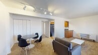 Located at 1461 Devon Ln in Harrisonburg, Virginia, this single-floor unit offers a practical and functional layout suited for everyday living. The open-concept living and dining area is one of the space's central features, finished with wall-to-wall carpeting that adds warmth underfoot. Track lighting runs along the ceiling, providing adjustable illumination throughout the shared space. A large window allows natural light to fill the room, creating a bright and inviting atmosphere. The living area comfortably accommodates a sofa, armchair, and coffee table, while a round dining table with modern chairs sits nearby, defining the dining zone. A closet with bifold doors adds convenient storage directly off the living area.

The kitchen is separated from the main living space by a partial peninsula counter, offering a natural boundary while maintaining an open feel. It features warm wood cabinetry, dark granite-style countertops, and tile flooring. Black appliances, including a refrigerator, range, and dishwasher, are all present and contribute to a cohesive aesthetic.

The bedroom is carpeted and includes a ceiling fan with a light fixture and a closet with bifold doors. The full bathroom is clean and straightforward, featuring a single vanity with wood cabinetry, a large mirror, and a shower-tub combination.