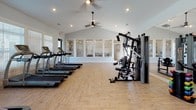 This single-story fitness center is thoughtfully designed to support a comprehensive workout experience in a bright, open environment. The space is anchored by striking vaulted ceilings that rise to a peak, creating an airy, expansive atmosphere enhanced by recessed lighting and ceiling fans that promote airflow throughout the room.

Natural light plays a central role in the ambiance, with rows of large windows fitted with white horizontal blinds lining the walls. A wide interior window wall looks into an adjacent room, further opening up the space visually. The light hardwood-style flooring runs throughout in a herringbone-inspired pattern, lending a clean and modern aesthetic.

The cardio zone is well-stocked with multiple treadmills and elliptical machines positioned along the windowed wall, offering outdoor views during workouts. A multi-station strength training machine anchors one side of the room, while stationary bikes, a stair climber, and free weights round out the equipment offerings. Exercise accessories such as stability balls and a workout mat are also available. Wall-mounted flat-screen televisions provide entertainment, and full-length mirrors support form and technique during training sessions.