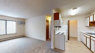 This one-bedroom, one-bathroom unit at 1103 Michigan Ave E in Battle Creek, Michigan, offers a straightforward and functional single-floor layout. The living area is generously sized, featuring wall-to-wall carpeting, a textured ceiling, a wall-mounted air conditioning unit, and a baseboard heating system. A large window with vertical blinds fills the space with natural light and provides an outdoor view, creating a bright and open atmosphere. The kitchen is designed in a galley style, lined on both sides with white cabinetry accented by warm wood trim, offering ample storage space. It is equipped with white appliances including a coil-top electric range, a built-in microwave, a refrigerator, and a double-basin sink with tile flooring throughout. The kitchen opens toward the main hallway, connecting the unit's spaces efficiently. The bedroom is a well-proportioned, carpeted room with baseboard heating and neutral walls, providing a quiet and comfortable retreat. The full bathroom features tile flooring, a vanity with a large mirror, and a shower-tub combination, finished in a clean, neutral palette. Overall, the unit presents a practical and comfortable living space with consistent, neutral finishes throughout.