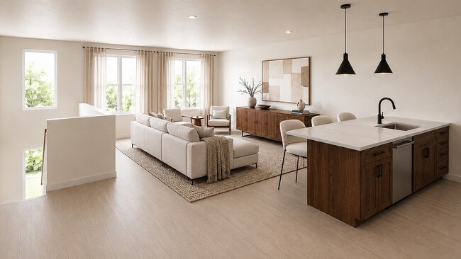 Open-concept kitchen and living room at The Mont apartments - The Mont Granary