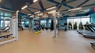 Located at 209 Revere Beach Pkwy in Revere, Massachusetts, this contemporary fitness facility is designed to support a wide range of workout styles and training goals. The space is unified by a bold teal and blue color scheme, with a striking geometric coffered ceiling accented by sleek linear lighting that creates a bright, energizing atmosphere throughout.

The main workout floor is generously sized and finished with durable, resilient flooring suited for high-intensity activity. A dedicated cardio zone lines one side of the space, housing treadmills, ellipticals, and a rowing machine, all positioned near large windows that flood the area with natural light and offer views of the surrounding greenery. On the opposite end, a comprehensive strength training area features cable machines, a power rack with barbells and weight plates, and wall-mounted mirrors that amplify the sense of openness.

At the heart of the gym stands a multi-functional rig structure equipped with suspension trainers, kettlebells, battle ropes, medicine balls, and a heavy punching bag — ideal for functional and circuit-style training. A semi-private studio area with wood flooring is also part of the layout, offering space for stretching, yoga, or group classes. Floor markings guide workout circuits, reflecting a thoughtfully organized and user-focused design throughout.
