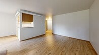 Located in Lakewood, WA, this one-bedroom, one-bathroom residence offers a well-organized single-floor layout designed for comfortable everyday living. The open living and dining area is a standout, featuring warm hardwood-style flooring, large windows that flood the space with natural light, and a classic brick fireplace as a central focal point. A pass-through window connects the living area to the galley-style kitchen, which is equipped with oak cabinetry, light stone-style countertops, a full suite of white appliances including a refrigerator, electric range, and dishwasher, and a skylight overhead that enhances brightness. The bedroom is a comfortable retreat finished with soft carpet, a natural light window, and a sliding-door closet. The full bathroom features a wood-trimmed vanity with a stone-style countertop and a mirror cabinet for additional storage. A dedicated in-unit laundry room houses a full-size washer and dryer with wire shelving above. The hallway provides efficient circulation between all rooms, and a private balcony extends the living space outdoors. Warm wood trim details and consistent neutral tones throughout lend the space a cohesive and inviting character.