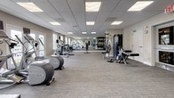 This single-floor fitness center is designed to accommodate a full range of workout routines in a spacious, open layout. The room features a dropped ceiling with recessed panel lighting that ensures consistent, even illumination throughout the space. Neutral-toned walls and low-pile, textured carpeting in a grey hue contribute to a clean, functional aesthetic.

A large floor-to-ceiling mirror spans one wall, visually expanding the room and allowing users to monitor their form during exercise. Natural light filters in through multiple windows and a set of double French doors, which open to an outdoor area and enhance the sense of openness.

The cardio section is well-stocked with Precor elliptical trainers, treadmills, and stationary bikes, each equipped with individual monitors. The strength training area includes a multi-station cable machine, a dedicated free weight section with a dumbbell rack, a weight bench, and a vertical storage rack holding kettlebells, bumper plates, and resistance tools. The open floor space in the center of the room provides ample room for stretching or functional training exercises. Overall, the fitness center presents a professional and well-organized environment suited for varied fitness needs.