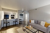This well-designed one-bedroom, one-bathroom unit offers a thoughtful layout that maximizes every square foot across a single floor. The open-concept living and kitchen area serves as the heart of the home, featuring wood-style flooring throughout, neutral gray walls, and a textured ceiling. The living room is anchored by a fireplace, a ceiling fan, and a window that invites natural light, creating a bright and comfortable atmosphere. A dedicated dining area with bar seating connects seamlessly to the kitchen, which is equipped with gray shaker-style cabinetry, a white countertop breakfast bar, black appliances including a refrigerator, range, and microwave, as well as track lighting overhead. The bedroom is a cozy retreat with its own ceiling fan, a sliding glass door that allows additional natural light, and direct access to both a dedicated closet and an in-unit laundry area housing a full-size washer and dryer. The bathroom features a clean, all-white tiled tub-shower combination. A separate closet provides additional storage. The unit's cohesive neutral palette and consistent wood-style flooring throughout give the space a unified, modern feel.