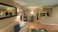 This single-story space showcases an open-concept floor plan that seamlessly connects the living, dining, and kitchen areas into one cohesive and functional environment. The living area is anchored by a comfortable seating arrangement, complemented by a decorative framed mirror and a warm floor lamp that enhance the cozy ambiance. Hardwood-style flooring extends throughout the main living spaces, adding warmth and visual continuity.

The dining area, positioned centrally within the open layout, features a round glass-and-iron table with matching chairs beneath a hanging pendant light fixture. A window behind the dining table allows natural light to filter into the space. A decorative shelving unit and tall floor vase add thoughtful styling accents throughout the room.

The kitchen, situated along one side of the open plan, is partially visible and features wood-toned cabinetry, a range, and an overhead range hood. A raised countertop creates a natural partition between the kitchen and the adjoining areas. The neutral, warm wall tones and textured ceiling tie the entire space together, contributing to an overall atmosphere that is both practical and welcoming.