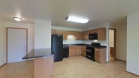 This single-floor space is designed with functionality and ease of living in mind. The kitchen is a standout feature, outfitted with a full suite of black appliances, including a refrigerator, electric range, built-in microwave, and dishwasher. Warm-toned wooden cabinetry lines the walls, providing generous storage, while dark granite-style countertops offer ample workspace. A kitchen island with a matching dark countertop adds additional prep or dining surface and helps define the kitchen area within the open layout. Light hardwood-style flooring runs continuously throughout, lending a clean, cohesive look to the space.

The living area is bright and open, benefiting from a large sliding glass door dressed with vertical blinds. The door opens to views of a lush green landscape, filling the room with natural light and a sense of openness. A wall-mounted air conditioning unit and baseboard heating ensure year-round comfort. The neutral white walls and uncluttered layout create a versatile backdrop, making the space easy to personalize. Overall, the unit offers a practical and comfortable environment with a pleasant connection to the outdoors.