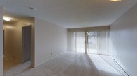 This single-floor space features a spacious, open living area characterized by neutral tones and a clean, understated aesthetic. The room is finished with wall-to-wall plush carpeting in a light beige tone, contributing to a soft and comfortable atmosphere underfoot. A textured popcorn ceiling adds a classic touch overhead, while the crisp white walls provide a blank canvas adaptable to a variety of interior styles.

A standout feature of the living area is the expansive floor-to-ceiling sliding glass door, dressed with vertical blinds that allow for adjustable light control. This large glazed opening floods the room with generous natural light, casting bright streaks across the carpet and creating an airy, open feel. The sliding door provides direct access to an outdoor area, where glimpses of greenery are visible through the blinds.

The layout of the living area is open and versatile, offering ample room for a range of furniture arrangements. A doorway visible on the left side of the space leads to an adjacent room, suggesting a functional floor plan designed for ease of movement. Overall, the space presents a bright, neutral, and move-in-ready environment.