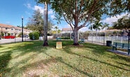 Located at 1140 SE 24th Rd in Homestead, Florida, this outdoor community space serves as a shared green area within a residential neighborhood. The grounds are characterized by a well-maintained lawn shaded by a mix of mature palm trees and broad-canopied shade trees, creating a welcoming, tropical atmosphere typical of South Florida living. Several green benches are positioned throughout the space, offering residents comfortable spots to relax and enjoy the outdoors. A cornhole board and other casual recreational elements are present, encouraging leisurely activity and community engagement. The area is enclosed by chain-link fencing, providing clear boundaries while maintaining an open, airy feel. Adjacent to the green space, a white fence hints at a nearby pool or additional amenity area. The surrounding residential buildings feature a classic Mediterranean-inspired architectural style, with stucco exteriors, arched entryways, and warm earth-toned rooflines that complement the lush landscaping. Ample parking is visible, and the community's well-kept streetscaping adds to the overall appeal. Under the bright Florida sky, this outdoor space provides a functional and pleasant communal retreat for residents of the neighborhood.