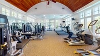Located at 810 Catalpa Ct in Charlottesville, VA, this fitness center offers a generously sized, single-floor exercise space designed to accommodate a comprehensive workout experience. The centerpiece of the room is a stunning barrel-vaulted ceiling finished in warm wood planking, accented by a ceiling fan and track lighting that add both function and elegance to the space. Large, multi-pane windows line the walls on multiple sides, flooding the interior with natural light and offering pleasant views of the surrounding greenery. Full-length mirrors along one wall further enhance the sense of openness and help users maintain proper form during exercise. The flooring consists of durable, neutral-toned carpet suitable for high-traffic fitness use. Equipment is thoughtfully arranged throughout the room, including a row of cardio machines — treadmills, ellipticals, and stationary and spin bikes — alongside a robust selection of Cybex strength machines and a free weight station complete with a dumbbell rack. A wall-mounted television provides entertainment during workouts. The overall ambiance is bright, airy, and well-appointed, combining classic architectural details with modern fitness amenities to create an inviting and fully functional facility.