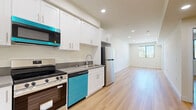 Located at 14535 Weddington St in the Sherman Oaks neighborhood of Los Angeles, this well-designed one-bedroom, one-bathroom unit offers a clean, modern aesthetic across a thoughtfully organized single-floor layout.

The kitchen is a standout feature, outfitted with crisp white shaker cabinetry extending to the ceiling for ample storage, gray countertops, and a full suite of stainless steel appliances including a refrigerator, gas range, microwave, and a vibrant teal dishwasher that adds a pop of color. Recessed lighting and light wood-look flooring run throughout, creating a bright, cohesive atmosphere that extends seamlessly into the open living area.

The bedroom is a comfortable, well-proportioned retreat featuring clean white walls, a large window with views of swaying palm trees and the California sky, and the same warm wood flooring. A dedicated closet provides practical storage solutions.

The bathroom is finished with a sliding glass-door tub/shower combo, a white vanity with a dark countertop, built-in open shelving, and a mirror — all presented in a clean, neutral palette.

Additional highlights include a private balcony, recessed lighting, and a layout that maximizes every square foot. The unit's contemporary design and functional features make it an ideal space in a vibrant Los Angeles location.