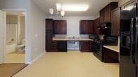 This single-floor residence at 120–366 Cavalier in Petersburg, Virginia offers a thoughtfully designed layout with a neutral color palette of soft beige and gray tones throughout. The unit is finished with wall-to-wall carpeting in the living and bedroom areas, complemented by light-colored vinyl flooring in the kitchen and bathrooms.

The kitchen is a standout feature, equipped with rich dark espresso cabinetry, light countertops, and a full suite of black appliances including a side-by-side refrigerator, gas range, microwave, and dishwasher. A chandelier provides overhead lighting, adding a subtle decorative touch.

The bedrooms are carpeted and include ceiling fans with light fixtures. At least one bedroom features multiple windows that allow natural light and includes an open closet with built-in shelving. A central hallway connects the rooms, providing a functional flow throughout the unit.

The bathrooms reflect accessible design principles. One bathroom includes a roll-in shower with grab bars, a fold-down bench, and a handheld showerhead, paired with a dark-cabinet vanity. A second bathroom features a matching vanity and toilet. Fire safety equipment is visibly installed throughout, and HVAC vents are present in multiple rooms.