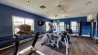 Located at 4390 Clearwater Way in Lexington, Kentucky, this single-floor fitness center is a well-equipped exercise facility designed to support a comprehensive workout experience. The space is immediately defined by its bold, deep blue walls contrasted against crisp white trim and a bright white ceiling, creating an energetic and focused atmosphere. Multi-toned striped carpeting covers the floor throughout, adding texture and durability underfoot. The facility is outfitted with a range of cardio equipment, including treadmills, elliptical machines, and a stationary cycling bike, offering users varied aerobic training options. A dedicated strength training area features a cable machine, adjustable bench, and a dumbbell rack, providing ample resources for resistance workouts. A full-length wall mirror with a wooden ballet-style barre runs along one wall, expanding the perceived depth of the room while also accommodating stretching and functional fitness routines. Multiple windows are positioned throughout the space, inviting abundant natural light and offering views of the surrounding outdoor landscape. Wall-mounted flat-screen televisions are positioned for visibility from key workout stations. Ceiling fans and recessed lighting ensure comfort and visibility during any time of day, making this fitness center a practical and well-appointed amenity.