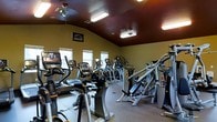 This fitness center is a dedicated exercise space designed to accommodate a full range of workout needs. The room features a warm color palette with tan walls and a rich dark-toned ceiling, creating an energizing yet focused atmosphere. Overhead, ceiling fans and recessed fluorescent lighting ensure the space is well-lit and ventilated throughout.

The floor is finished with durable, low-pile carpeting suited for high-traffic gym use. Multiple windows along the walls allow natural light to filter in, adding to the room's open and welcoming feel.

The facility is outfitted with an impressive array of commercial-grade cardio equipment, including upright bikes, recumbent bikes, elliptical trainers, and stair climbers, all arranged to maximize floor space and ease of movement between machines. The equipment is modern and includes integrated digital displays for tracking workout metrics.

A branded wall graphic adds a sporty, motivational touch to the space. The overall layout is thoughtfully organized, allowing users to move freely while accommodating multiple exercisers simultaneously. This fitness center provides everything needed for a thorough cardiovascular and general fitness routine in a clean, purpose-built environment.
