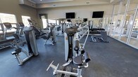 This fitness center is a single-level facility thoughtfully designed to accommodate a comprehensive workout experience. The space is outfitted with professional-grade Hoist strength training machines, including a prominent multi-functional cable and resistance unit positioned at the center of the floor. A dedicated free weight area lines one side of the room, featuring an organized dumbbell rack with a wide range of weights to suit various fitness levels. Additional strength and resistance machines are arranged throughout the space, providing options for both targeted muscle training and full-body workouts. The flooring consists of durable, dark rubberized material that provides traction and cushioning during exercise. Full-length mirrors along one wall visually expand the room and allow users to monitor their form. Multiple flat-screen televisions are mounted near the ceiling, offering entertainment during workouts. Natural light filters in through windows, complementing the overhead lighting to create a bright, energizing atmosphere. The neutral-toned walls and clean layout give the facility a modern, polished aesthetic well-suited for focused training.