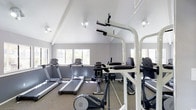 This fitness center is housed within a single-floor space distinguished by striking vaulted ceilings that lend a sense of openness and volume to the workout environment. The bright white ceiling lines and angled roofline create an airy atmosphere, complemented by recessed and track lighting that ensures consistent illumination throughout. A row of large windows along one wall invites abundant natural light, enhancing the overall energy of the space while offering views to the outdoors.

The facility is equipped with a variety of cardio machines, including multiple treadmills and stationary bikes, suitable for a range of fitness levels and workout preferences. A multi-function strength training station anchors the center of the room, providing options for resistance and bodyweight exercises. Full-length mirrors line one wall, a practical feature that helps users monitor their form and also contributes to a feeling of spaciousness. The neutral gray walls and dark flooring provide a clean, modern aesthetic that keeps the focus on function. Overall, this fitness center offers a well-rounded selection of equipment within a bright, architecturally interesting space designed to support an active lifestyle.