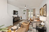 This two-story home in Birmingham, Alabama offers a thoughtfully designed layout spread across two evenly divided floors. The main level opens into a bright, open-concept living area where the living room, dining room, and kitchen flow seamlessly together. The living room features hardwood-style flooring, a ceiling fan, and curated wall art, creating a warm and inviting atmosphere. A stylish staircase with dark-toned railings anchors the space and leads to the upper level. The dining area sits adjacent to the kitchen, offering a natural transition for everyday living and entertaining. The kitchen is a standout feature, boasting gray shaker-style cabinetry, white quartz countertops, stainless steel appliances, a central island with bar seating, and pendant lighting. Large windows flood the kitchen with natural light and provide outdoor views. Upstairs, two well-proportioned bedrooms offer comfort and privacy. The primary bedroom includes a walk-in closet and ceiling fan, while the second bedroom features large windows, ample natural light, and a cozy layout. Each bathroom is cleanly finished, with one showcasing a light blue vanity and tub-shower combination. Consistent hardwood-style flooring runs throughout both levels, tying the home's aesthetic together with a clean, modern sensibility.