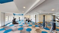 Located at 4520 East Baseline Road in Phoenix, AZ, this well-appointed fitness center offers a spacious, single-floor layout designed to support a full range of workout activities. The facility is immediately distinguished by its bold architectural character — a vaulted ceiling painted in a vivid deep blue anchors the cardio zone, complemented by large ceiling fans that promote airflow throughout the space. Recessed lighting and abundant natural light from multiple windows ensure the interior remains bright and welcoming.

The floor is covered in a striking geometric hexagonal tile pattern in shades of blue, gray, and tan, lending the space a modern, energetic aesthetic that carries consistently throughout. A full-length mirror wall in the strength training area enhances the sense of openness and assists users during workouts.

The cardio section is equipped with Matrix treadmills, elliptical machines, and stationary cycling bikes, while the strength and resistance area features cable machines, weight benches, and functional training equipment. The layout is thoughtfully organized to allow ample space between stations for safe, comfortable use.

White walls and clean architectural lines keep the overall design sharp and contemporary, while the varied ceiling heights — including raised vaulted sections and standard flat areas — add dimension and visual interest to the overall space.