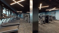 Located at 215 W Wisconsin Ave in downtown Milwaukee, this single-floor fitness center offers a comprehensive exercise environment designed with a modern industrial aesthetic. The space is unified by a dark ceiling treatment accented with geometric, cross-pattern linear LED lighting that creates a sleek, energetic atmosphere throughout.

The cardio zone features a row of treadmills, ellipticals, and stationary bikes positioned along floor-to-ceiling windows that overlook an adjacent atrium, providing an open, connected feel and ample natural light. The strength training area is well-stocked with a wide variety of selectorized machines arranged across patterned carpet flooring, supported by structural steel columns that contribute to the facility's industrial character.

A dedicated free weights section offers a full dumbbell rack, adjustable benches, and additional accessory equipment set against blue accent walls. The functional training zone includes power racks, a heavy bag, medicine balls, and a mini trampoline on rubber flooring. A separate group fitness studio houses a row of cycling bikes facing full-wall mirrors, with terrazzo-style flooring and bright overhead lighting designed for class instruction. The overall layout is spacious and well-organized, supporting a broad range of fitness activities.