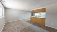 Located at 2713 S Emporia St in Wichita, Kansas, this single-floor, one-bedroom, one-bathroom unit offers a practical and functional layout. The open-concept living and kitchen area forms the heart of the space, where a peninsula-style kitchen counter with an integrated sink separates the two zones. The kitchen is outfitted with warm wood-toned cabinetry, a white refrigerator, and an electric range, providing ample storage and cooking functionality. The living area features neutral-toned carpet and light gray walls beneath a textured popcorn ceiling, creating a clean and understated atmosphere. The bedroom is a comfortably scaled private retreat with plush carpeting, a closet, and a window that allows natural light to filter in, offering views of the surrounding neighborhood. The full bathroom includes a tub and shower combination set against a white surround, a toilet, wood-toned cabinetry for storage, and durable wood-look vinyl flooring. Throughout the unit, a consistent neutral color palette and straightforward finishes contribute to a cohesive, low-maintenance living environment. The layout is efficient and well-organized, making effective use of the available space.
