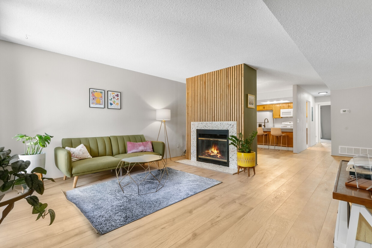 Terrazzo tile and wood slats fireplace - 540 S Forest St