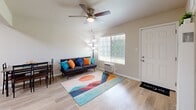 Located at 1611 Madrone Ave in West Sacramento, CA, this one-bedroom, one-bathroom unit offers a thoughtfully organized layout across a single floor. The living room greets you with light wood-style flooring, a ceiling fan, and a bright window that invites natural light and outdoor views of surrounding greenery — creating a welcoming, airy atmosphere. The kitchen is well-equipped with warm-toned wood cabinetry, granite-style countertops, a gas range, dishwasher, and double sink, offering a functional and attractive cooking space. The bedroom features plush carpeting, a ceiling fan with light fixture, and a large window overlooking lush exterior foliage, complemented by a dedicated closet for storage. A secondary space with light wood flooring and a wall-mounted heater offers additional flexibility. The bathroom is efficiently designed with a wood-vanity, mirrored medicine cabinet, and a tub-shower combination with marble-style surround. Throughout, neutral wall tones and consistent finishes create a cohesive, clean aesthetic. This unit balances comfort and practicality in a compact and smartly utilized floor plan.