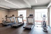 Located at 825 Bluegrass Cir in Cedar Falls, Iowa, this fitness center offers a dedicated space for a well-rounded workout experience. The room is designed with a clean, modern aesthetic, featuring neutral-toned walls and durable dark flooring tiles that provide both functionality and a sleek appearance. Overhead, linear LED lighting runs the length of the ceiling, delivering bright, even illumination throughout the space, while an exposed ventilation duct adds an industrial design element. Large windows along one wall allow natural light to filter in and offer views of the surrounding exterior, creating an open and energizing atmosphere. The cardio section is well-appointed with multiple treadmills and a stationary bike, positioned to take advantage of the natural light. A rowing machine and adjustable weight bench round out the equipment selection, providing options for full-body training. An open floor area alongside the equipment offers ample room for stretching, bodyweight exercises, or additional equipment placement. The space is efficiently organized to maximize usability while maintaining a comfortable flow throughout. A wall-mounted climate control unit ensures year-round comfort for users. Overall, this fitness center provides a practical, purpose-built environment well-suited for daily exercise routines.