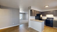 This single-story space offers a practical and well-organized layout across several rooms. The living area serves as the central gathering space, finished with neutral gray walls, plush carpet, and a textured ceiling. Built-in shelving flanks one wall, adding display and storage functionality, while a large window allows natural light to fill the room. Crown molding provides a clean architectural detail along the ceiling perimeter.

The kitchen is positioned adjacent to the living area and features dark cabinetry paired with light granite countertops, a black electric range, and a stainless steel sink. A peninsula counter defines the boundary between the kitchen and the main living space, and wood-style flooring runs throughout this zone.

Two bedrooms are carpeted and finished with neutral tones, each equipped with a ceiling fan and windows that bring in outside light. The rooms offer comfortable proportions suitable for standard furnishings.

Two bathrooms serve the unit. One features a white vanity with a granite countertop, while the other includes a tub-shower combination with tiled surround and a matching granite vanity. Both bathrooms are finished with wood-style flooring, maintaining a consistent aesthetic throughout the space.