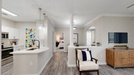 Located at 1150 Baxter Ln in Knightdale, NC, this well-appointed one-bedroom, one-bathroom residence offers a thoughtfully designed single-floor layout. Hardwood-style flooring flows throughout the main living areas, complemented by crisp crown molding and a neutral color palette that creates a bright, cohesive atmosphere.

The open-concept living and dining area is anchored by a ceiling fan, large windows with blinds that invite abundant natural light, and a decorative column that adds architectural character. The kitchen is efficiently designed with white cabinetry, white quartz countertops, subway tile backsplash, and a full suite of stainless steel appliances including a range, microwave, and dishwasher. A breakfast bar provides additional seating and connects the kitchen to the living space.

The spacious bedroom features plush carpeting, a ceiling fan, and direct access to the full bathroom, which is equipped with a soaking tub and shower combination with tiled surround. Three closets provide generous storage throughout. A dedicated laundry area houses a full-size side-by-side washer and dryer. An additional flexible space with large windows on multiple walls is ideal for use as a home office or dining room, offering plenty of natural light and a serene atmosphere.