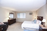 This single-floor studio unit offers an efficiently designed open-concept layout that combines the sleeping, living, and dining areas into one cohesive space. The main living area features soft carpeting underfoot, neutral beige walls, and a large window dressed with vertical blinds that allows natural light to fill the room. A wall-mounted air conditioning unit provides climate control, while warm ambient lighting from table lamps contributes to a cozy atmosphere. A spacious closet with sliding doors provides ample storage within the main living space.

The kitchen is positioned adjacent to the main area and transitions to hardwood-style flooring. It is equipped with ample upper and lower cabinetry in a neutral tone, a double-basin sink, a white electric range, and a refrigerator. A textured ceiling with overhead fluorescent lighting keeps the kitchen well-lit, and there is room for a small dining table and chairs.

The bathroom features a tub-shower combination with a decorative curtain, a white vanity with under-sink storage, a framed mirror, and hardwood-style flooring, all finished in warm, neutral tones that complement the rest of the unit.