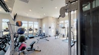 This fitness center offers a comprehensive and well-organized workout environment spread across a single, open floor plan. The space is bathed in natural light, courtesy of large windows with elegant arched transoms that line the walls and provide views of the surrounding outdoor landscape, creating an inviting and energizing atmosphere.

The cardio zone is well-stocked with multiple treadmills, elliptical trainers, and stationary bikes, all positioned to take advantage of the natural light and outdoor views. Full-length mirrors and wall-mounted flat-screen televisions enhance the workout experience throughout the space.

The strength training area is equally impressive, featuring a wide selection of cable and multi-functional machines, including a Precor cable system, a leg press, and a punching bag station. A comprehensive dumbbell rack holds a full range of free weights, complemented by a medicine ball rack for functional training exercises.

The flooring consists of durable, low-pile carpet throughout, providing comfort and stability underfoot. The neutral, warm-toned walls and recessed lighting contribute to a clean, professional ambiance. The generous ceiling height adds to the sense of openness, making the space feel expansive and uncluttered. Overall, this fitness center is thoughtfully designed to support a wide variety of workout routines in a bright, modern, and functional setting.