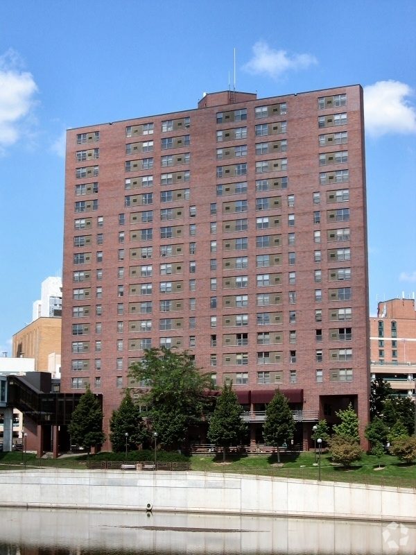 View to the west across the Zumbro River - Fontaine Towers