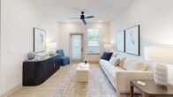 Located at 185 Marquis Way in Freeport, FL, this thoughtfully designed one-bedroom, one-bathroom home offers a efficient and comfortable single-floor layout. The open-concept kitchen and living area serves as the heart of the home, where the kitchen impresses with gray shaker-style cabinetry, a white subway tile backsplash, gleaming granite countertops, stainless steel appliances, and a peninsula island with an undermount sink — ideal for casual dining and entertaining. Light wood-look flooring flows seamlessly throughout, enhancing the bright, airy atmosphere created by recessed lighting and natural light from well-placed windows. The living room is an inviting retreat, featuring a modern ceiling fan, a windowed entry door, and a clean, neutral palette that complements any décor. The bedroom is a peaceful haven, offering a generous footprint, large windows with outdoor views, a ceiling fan, and access to a walk-in closet. The bathroom features matching gray cabinetry, granite countertops, and a clean, modern finish consistent with the rest of the home. A hallway connecting the bathroom and bedroom adds a sense of privacy and flow. This home delivers a polished, move-in-ready aesthetic with cohesive design details throughout.