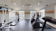 This fitness center is a thoughtfully designed workout facility that offers a comprehensive range of equipment to support diverse exercise routines. The space features vaulted ceilings with recessed lighting and a ceiling fan, creating a bright and comfortable environment for physical activity. A distinctive orange and gray horizontal stripe accents the walls, adding a dynamic visual energy to the room.

Large, multi-pane windows line the walls on multiple sides, flooding the interior with natural light and providing views of the surrounding greenery outdoors. The durable rubber flooring provides a safe, slip-resistant surface throughout the space.

The cardio area is well-stocked with treadmills, elliptical trainers, and additional cardio machines, all arranged to take advantage of the natural light from the surrounding windows. The strength training section includes a cable machine, a multi-function weight bench, a full rack of dumbbells, and a selection of medicine balls and stability balls, catering to a wide range of fitness levels and training styles. A wall-mounted flat-screen television keeps users entertained during workouts.

Full-length mirrors are positioned along one wall, enhancing the sense of openness and allowing users to monitor their form. The overall ambiance is clean, modern, and motivating, making this fitness center a well-rounded facility for everyday use.