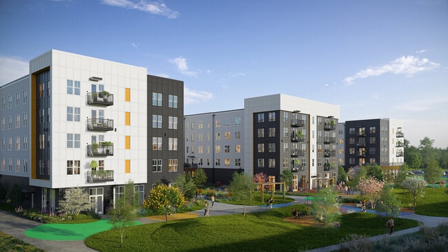 Experience modern living in this beautifully designed apartment complex with lush surroundings. - Nova River District